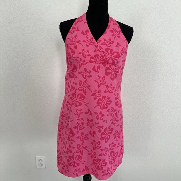 Vintage Y2K PInk Halter Floral Print Mini Dress Sz Large Juniors 11/13 Hibiscus - Picture 2 of 10